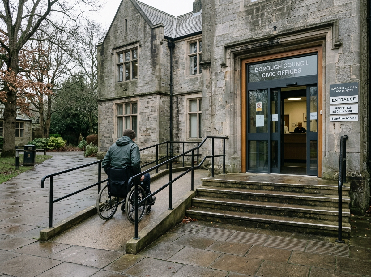 A person using a wheelchair approaching a step-free ramp at a public building entrance